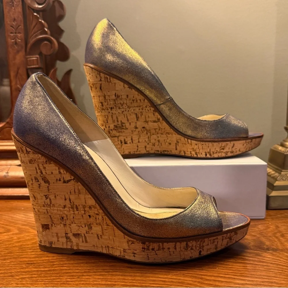 Brian Atwood Metallic Gold/Silver Leather 4”Cork Wedge Heels Size 8.5 MSRP $595